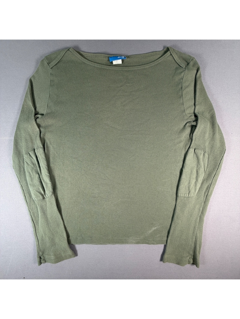 VTG Delias Shirt Womens XL Olive Ribbed Elbow Patch Boat Neck Made USA Y2K